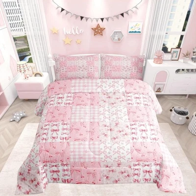 Pink Bow Comforter Set Toddler Size Kids Bowknot Plaid Bedding Set for Boys G... - Image 1 of 4