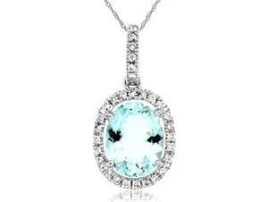 14K White Gold Aquamarine & Halo Diamond Pendant Necklace - Picture 1 of 1