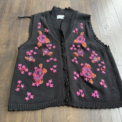 Colete Suéter Feminino Branco Veado Malha Grande Floral Bordado Botão para Cima Boho - Imagem 1 de 4
