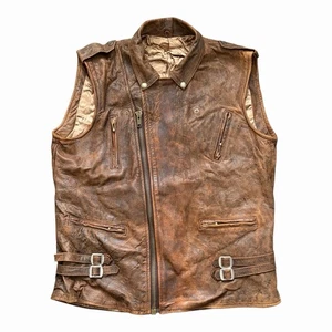 Vintage 80s Malec Brown Leather Biker Vest Size Large Mens Talon Made In England - Picture 1 of 7