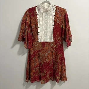 Abito donna ASOS arancione bruciato, panna, bordeaux pizzo nuovo con etichetta/TG. 10 boho vittoriano - Foto 1 di 11