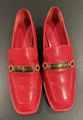 TORY BURCH Perrine Red Square Toe Loafers Womens Size 8M Metal Accent Leather - Image 1 of 4