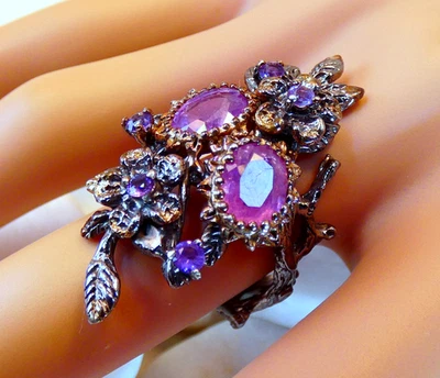 Natural Pink Tourmaline Amethyst Oxidized Sterling Silver Ring Vine Botanical - Image 1 of 4