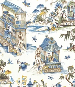 Thibaut Curtain Fabric 'GRAND PALACE' 3.6 METRES BLUE & GREEN 100% Linen - Picture 1 of 6