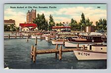 Sarasota FL-Florida, Boats Docked at City Pier, Antique Vintage Postcard
