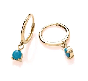9ct Yellow Gold Turquoise Hinged Sleeper Drop Hoop Earrings December Birthstone - Picture 1 of 7