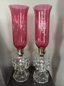 Vintage Crystal Glass Hurricane Lamps With Crystal Teardrops - Picture 1 of 10