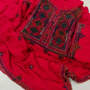 HAND EMB MIRROR WORK BALOCHI/AFGHAN/ SINDHI 3Pcs CAMBRI SUITS. UNSTITCHED. RED - Picture 1 of 4