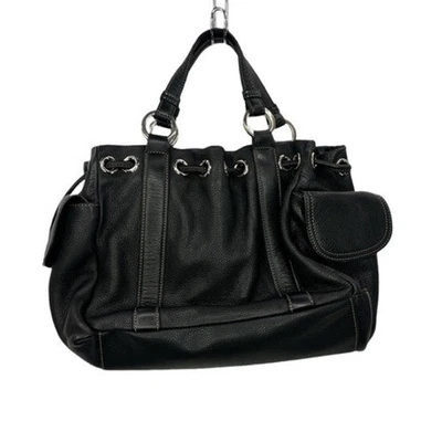 AK Anne Klein Black Leather Satchel Handbag Hobo Drawstring Ring Accents Women - Image 1 of 4