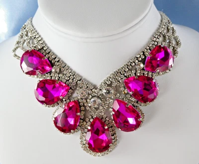 Pretty HOT PINK Fancy Rhinestone Bling Necklace Huge Teardrop Stones V Shape - Image 1 of 4