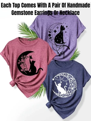 Women’s Witchy Cat & Moon Graphic Tee Boho Casual Short Sleeve Top + Jewellery - Image 1 of 4