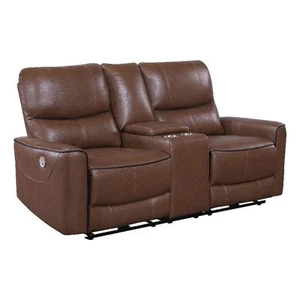 Coaster Greenfield Faux Leather Power Reclining Loveseat Console Saddle Brown - Picture 1 of 14