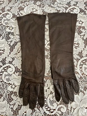Guantes de cuero marrón oscuro vintage años 50/60 hasta el codo talla pequeña Foto 1 de 2