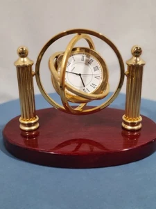 NEW Linden Galaxy TGO-1349 Floating Dial Desk Clock Mahogany Base Brass Columns - Picture 1 of 6