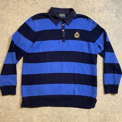 Lauren Ralph Lauren毛衣女式大号蓝色海军蓝条纹橄榄球棉 — 第 1/4 张图片