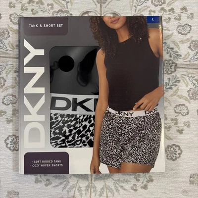 Women’s Large Dkny Tank And Short Set Black Animal Print - Image 1 of 4