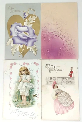 Antiguo lote de 4 postales de San Valentín de principios de 1900 vacaciones efímeras Foto 1 de 4