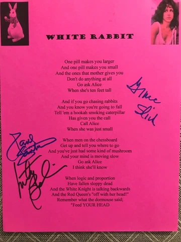 Jefferson Airplane Signed Lyrics White Rabbit Grace Slick Paul Kantner Balin Cover