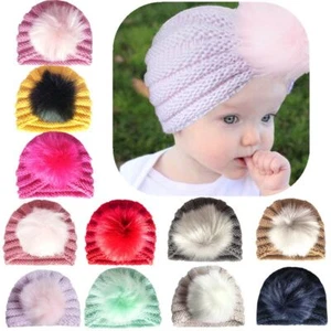 Newborn Toddler Winter Warm Knot Baby Knit Hat Fur Ball Indian Turban - Picture 1 of 21