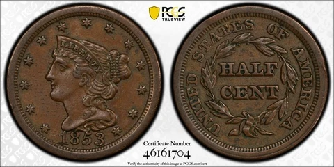 1853 P PCGS AU53 | Braided Hair Half Cent - 1/2c US Coin #40819A Cover