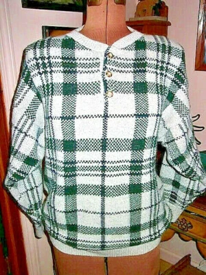 Suéter/Talla S Vintage EDDIE BAUER Verde Gris Blanco Cuadros 3 Botones 100% Algodón Foto 1 de 4
