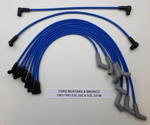 FORD BRONCO + MUSTANG 1983-1993 5.0L/302 5.8L/351W 8mm Blue Spark Plug Wires USA - Picture 1 of 1
