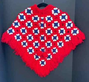 Vintage Hand Made Crocheted Girls Poncho w/ Pom Pom Tie And Matching Head Scarf - Picture 1 of 9