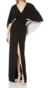 Halston Heritage Colorblock V-neck Cape Evening Gown SZ 0 Black Mrsp $395 - Picture 1 of 2