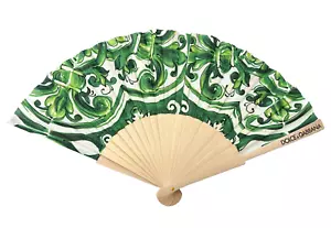 NEW DOLCE & GABBANA Fabric Wood Majolica Print Holding Hand Fan Green White - Picture 1 of 6