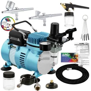 Master 3 Airbrush Dual Fan Air Compressor Professional Kit, Gravity Siphon Feed - Picture 1 of 5