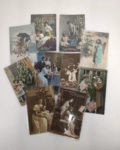 10 antike echte Postkarten Weihnachten getönt Sepia Kinder Spielzeug Baum Sammelalbum 1900er - Bild 1 von 7