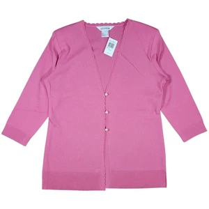 Misook Knit Cardigan Sweater Womens S Pink Pearl Button Scallop V Neck Spring - Picture 1 of 8