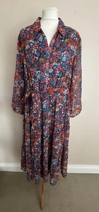 FAB Damart Blue Pink Floral Print Belted Floaty Tiered Midi Dress Size 22-24 VGC - Picture 1 of 10