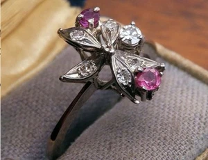 Vintage palladium ART DECO 1920 1930 4 ANTIQUE GENUINE RUBY DIAMOND ESTATE Ring - Picture 1 of 1