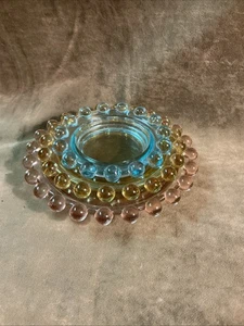 1940s imperial glass candlewick Bead edge pink yellow blue three-piece ashtrays - Picture 1 of 3