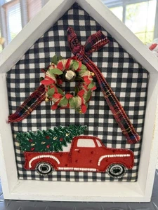 Christmas Wood House Shaped Frame featuring Red Truck & bell wreath - Picture 1 of 4
