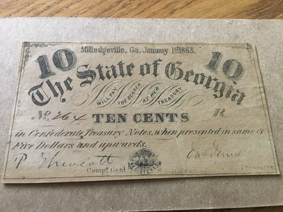 Civil War Confederate Georgia Currency 10 Cent Note 1863 - Image 1 of 2