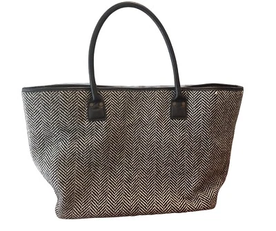 LL Bean Signature Tote Wool Tweed Herringbone Leather Weekender Overnight Fall - Image 1 of 4