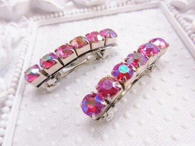 AB Pink Rhinestone Mini Barrette PAIR, AB Pink miniature tiny barrette pair - Image 1 of 4