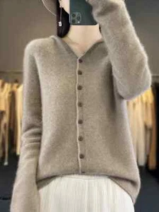 2024 Frühling Herbst Damen Wolle Kapuze Pullover Kaschmir Cardigan Tops - Bild 1 von 32
