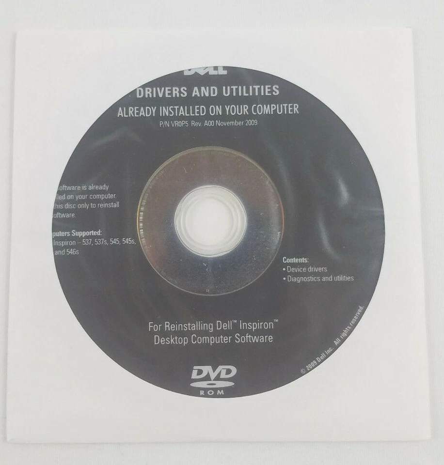 Dell Drivers and Utilities DVD For Inspiron P/N VR0P5 Rev A00 November 2009 - Image 1 of 1