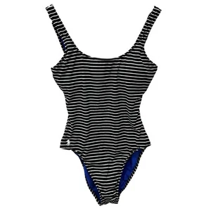 Polo Ralph Lauren donna M bianca e nera a righe scollo a V stringata dietro pezzo unico - Foto 1 di 5