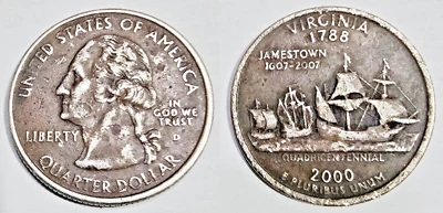 RARE 2000 Virginia 1788 (D) Quarter Dollar Jamestown 1607-2007 - Image 1 of 3