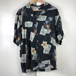 Tommy Bahama Large Floral & Pineapples on Black Silk Hawaiian Shirt - Imagen 1 de 4