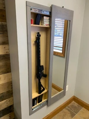  Hidden storage mirror In-wall gun safe concealment cabinet rifle pistol - GRAY  - Image 1 of 4
