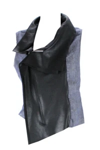 Karen Kane Blue Denim Black Sleeveless Draped Front Mixed-Media Moto Vest S - Picture 1 of 2