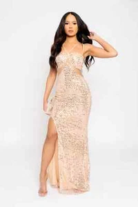 Rose Gold Luxe Sequin & Beaded Embellished Sheer Mesh Waist Slit Maxi - Picture 1 of 5