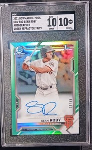 SEAN ROBY SGC 10/10 GEM AUTO 1ST 2021 BOWMAN CHROME GREEN REFRACTOR #/99 GIANTS