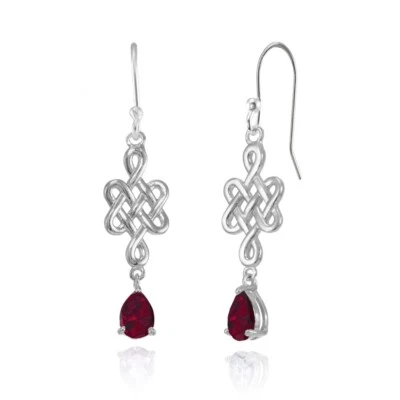Teardrop 6x4mm Created Ruby Celtic Infinity Knot Dangle Earrings in 925 Silver - Image 1 of 4