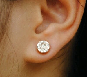 14k Solid Gold Solitaire Natural Diamond Earring Pressure Set Statement Earring - Picture 1 of 12